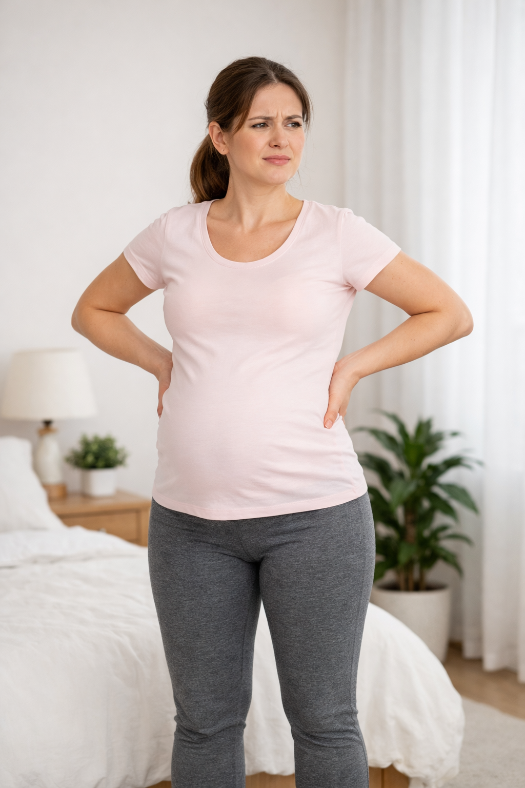 Pregnant woman standing with feet firmly grounded and weight evenly distributed on both legs, maintaining an upright posture to avoid hip shifting.