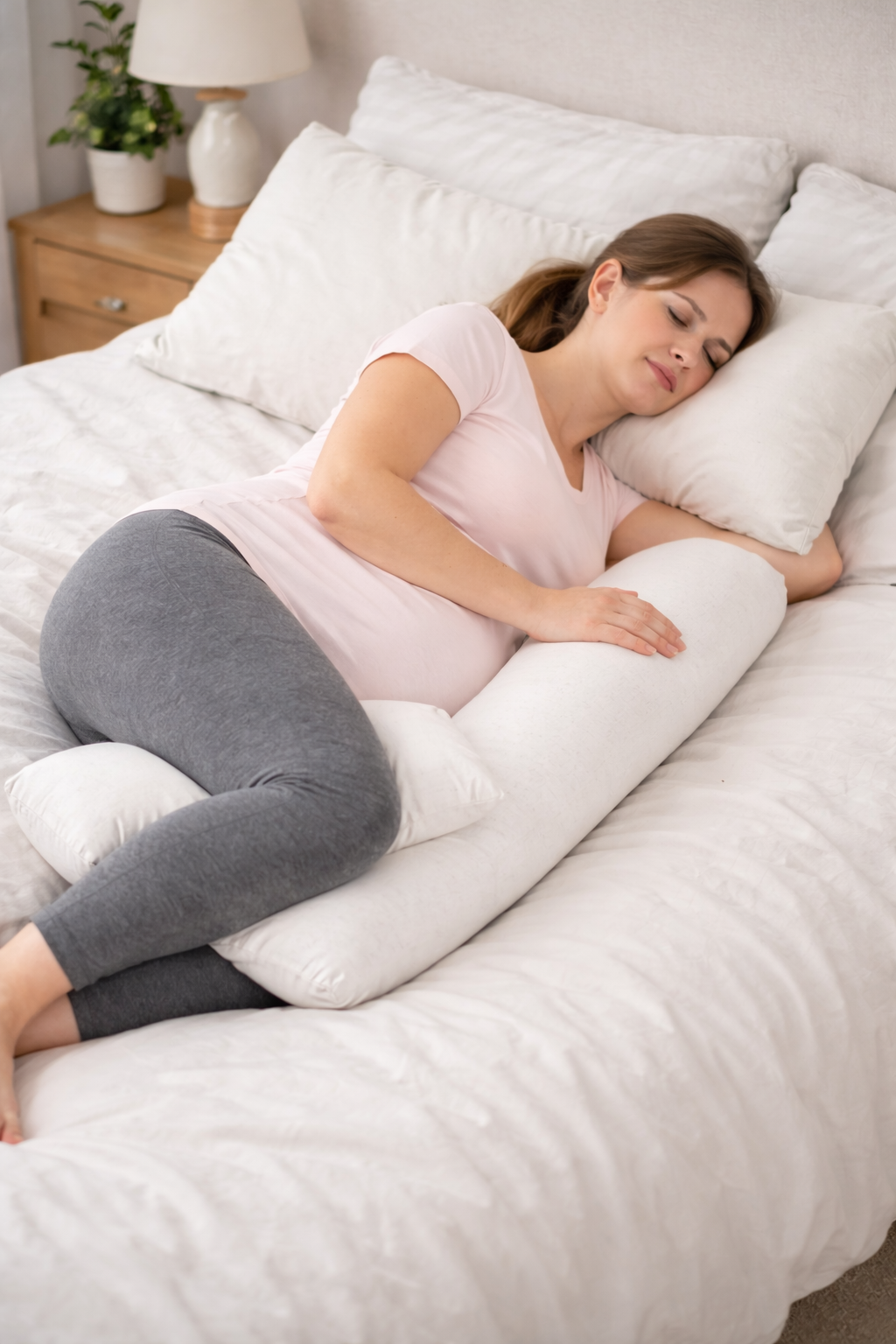 Pregnant woman lying on her side with a pillow between her knees and support under her belly to reduce lumbar and pelvic tension.