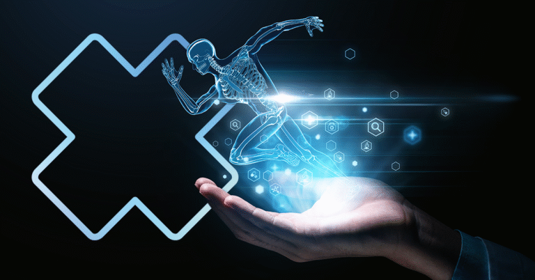 Silhouette numérique d’un corps humain en mouvement (vue du squelette) courant au-dessus d’une main, avec une croix médicale stylisée en arrière-plan et des icônes de santé futuristes, illustrant la physiothérapie et l’innovation en soins musculosquelettiques.