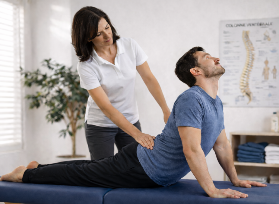 Physiothérapeute appliquant la méthode McKenzie lors d’un traitement de physiothérapie pour soulager les douleurs lombaires, avec un patient en position d’extension sur une table de traitement, dans une clinique.
